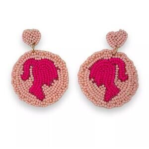 Pink Barbie Silhouette Beaded Embroidered Logo Handmade Dangle Pierced Earrings